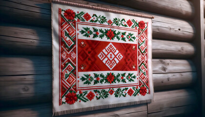 A Belarusian flag in folk textile ornament rushnik, Ai generated image