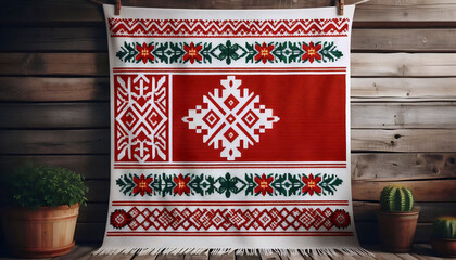 A Belarusian flag in folk textile ornament rushnik, Ai generated image