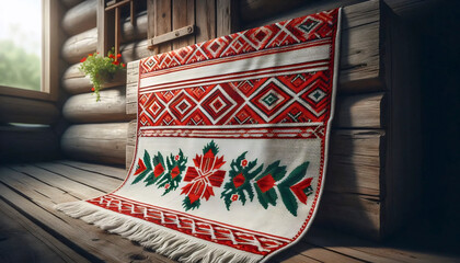 A Belarusian flag in folk textile ornament rushnik, Ai generated image
