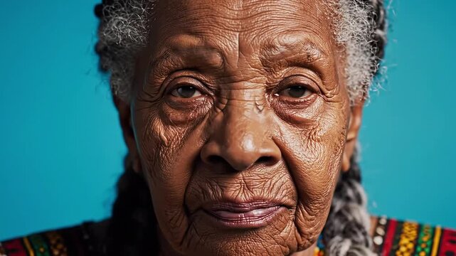 A powerful studio portrait of a wise and dignified very old african woman with traditional tribal clothing and beads