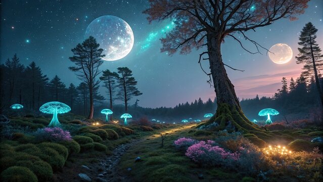 Bio luminescent alien forest under twin glowing moons.