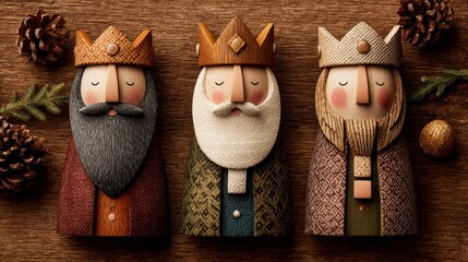 Three stylized wooden wise men figures with closed eyes, crowns, and beards, arranged on a textured wooden surface with pinecones