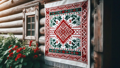A Belarusian flag in folk textile ornament rushnik, Ai generated image