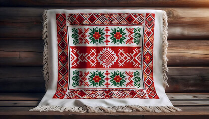 A Belarusian flag in folk textile ornament rushnik, Ai generated image