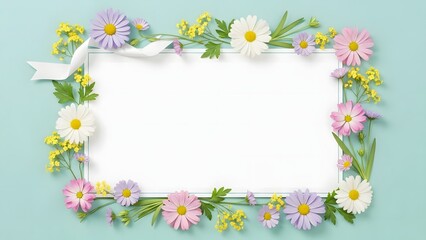 Obraz premium Decorative floral frame with daisies and colorful wildflowers surrounding a white paper copy space