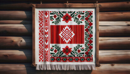 A Belarusian flag in folk textile ornament rushnik, Ai generated image