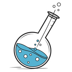 A tilted round-bottom laboratory flask filled with bubbling blue liquid, releasing gas&mdash;symbolizing scientific experimentation or chemical reactions.