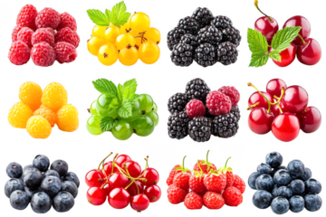 Assorted berries including raspberries, blackberries, cherries, and currants are displayed on transparent background