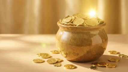 Golden coins filled ceramic pot in luxurious style in warm gold colors representing wealth prosperity and good fortune with copy space