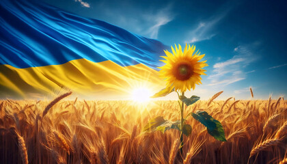 A Ukrainian flag in golden wheat fields and sky, Ai generated image