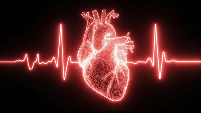Futuristic glowing red wireframe human heart beating with EKG line pulse and digital rhythm on black background