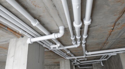 Fototapeta premium Interior construction scene featuring intricate white plastic pipes and a concrete ceiling with exposed textures and a structural column.