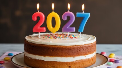 New Year 2027 Celebration Cake with Colorful Candles Festive Sprinkles and Sweet Treats on Table