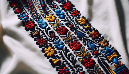 A Ukrainian flag in traditional embroidery vyshyvanka art, Ai generated image