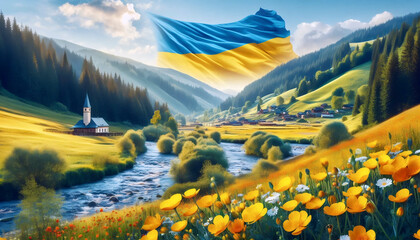 A Ukrainian flag in Carpathian mountain meadows, Ai generated image