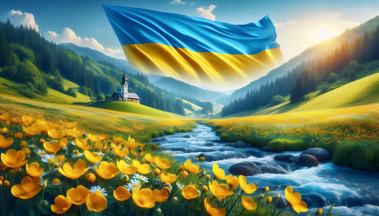 A Ukrainian flag in Carpathian mountain meadows, Ai generated image