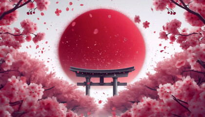 A Japanese flag in cherry blossom sakura spring festival, Ai generated image