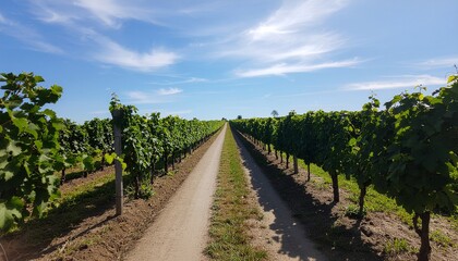 Scenic dirt path winding through rows of lush green grapevines under a bright blue sky with white clouds