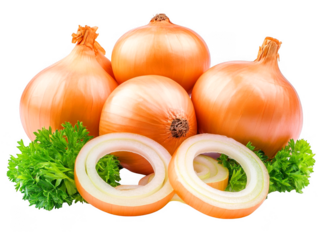 Golden onions and vibrant green parsley arranged elegantly on transparent background