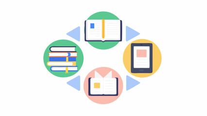 Illustration showing books, an open book, and a tablet arranged in a circular pattern with arrows between them
