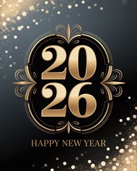 Elegant 2026 New Year Design with Gold Typography on Black Sparkling Background Perfect for Celebration Invitations and Greetings
