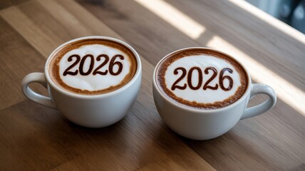 Warm Welcome to 2026 New Year Celebration with Two Steaming Coffee Cups Featuring Artistic Latte Art Design on Wooden Table