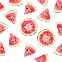 Photorealistic watercolor watermelon slices (pink flesh, black seeds, green rind) and pink heart seamless pattern on white, flat lay, top-down view, concept of summer fruits and healthy eating