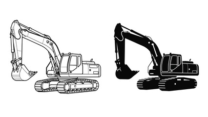 Two excavator illustrations a detailed line drawing and a solid black version © Nasima