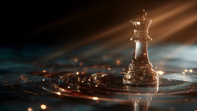 Glass chess king piece on a reflective surface with a dramatic, futuristic backdrop. Sunlit chess king abstract background. Game win golden chess king piece on a futuristic board.