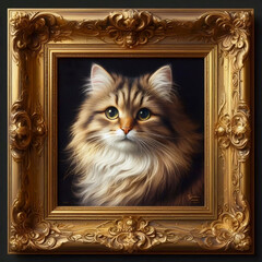 A small gold-framed cat portrait oil painting, Ai generated image