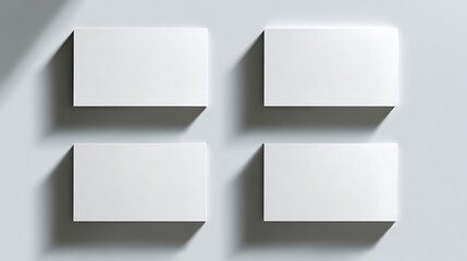 Four blank white business cards floating on a light gray surface