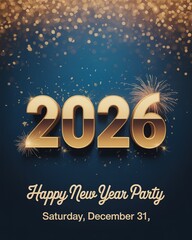 Elegant Gold 2026 New Year Countdown Celebration Design with Fireworks and Sparkles on Dark Blue Background Ideal for Party Invitations and Greetings