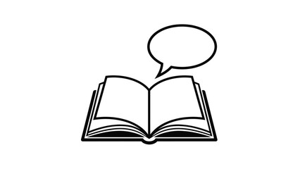 An open book with a speech bubble representing storytelling and communication