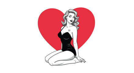 Seductive pin-up girl with vintage hairstyle in a black swimsuit kneeling gracefully in front of a large red heart symbol.