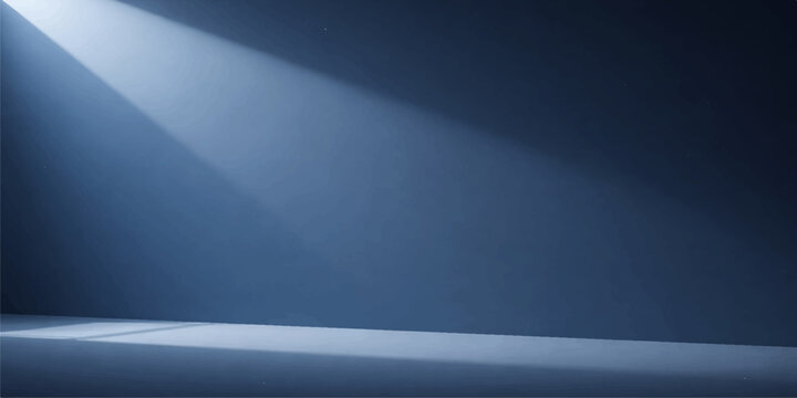 Shiny blue spotlight illuminates a dark brushed steel wall with metallic silver lines on an empty room backdrop