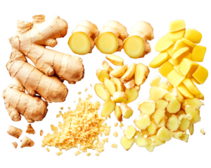 Different cuts of organic ginger root are displayed beautifully on transparent background
