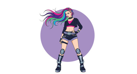 Obraz premium Fierce cyberpunk woman with vibrant multi-colored hair and futuristic gear posing against a purple circle background illustration.