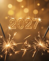 Glittering 2027 New Year Countdown Sparklers Festive Celebration Design Golden Bokeh Background