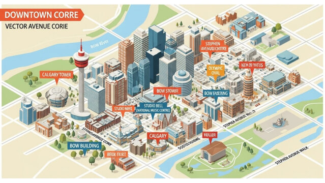 Downtown calgary cityscape with notable landmarks and buildings, aerial view of urban landscape with labeled key locations, vector with map