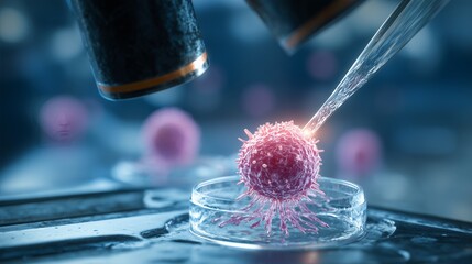 Microscopic view of cell culture with pipette transferring sample in laboratory environment