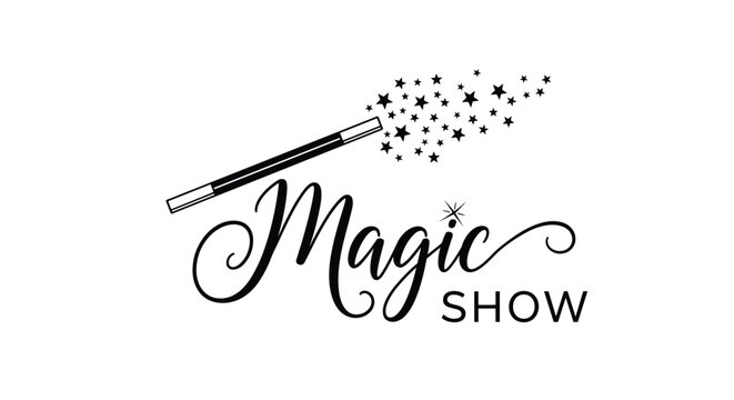 Elegant black and white logo for a magic show, featuring a classic magic wand creating a trail of sparkling stars with stylish typography.