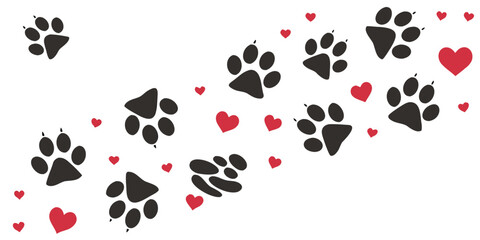 Black paw prints and red hearts pattern on a white background
