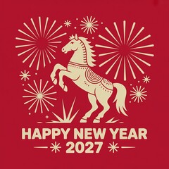 Elegant 2027 New Year Greeting with Galloping Horse and Fireworks on Red Background Perfect for Celebration Invitations and Holiday Cards