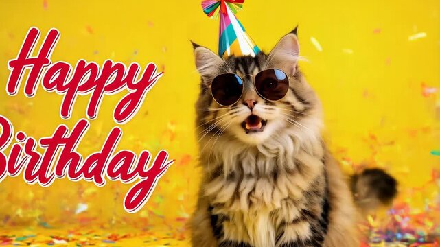 Funny Cat in Party Hat and Sunglasses Celebrating Birthday, Cute Pet Holiday Concept