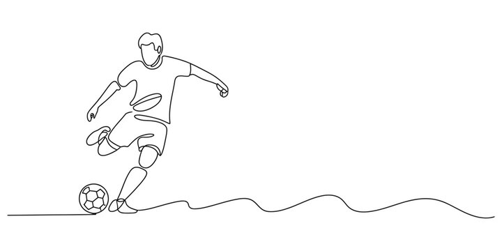 Continuous one line art drawing of a soccer player kicking a ball on a white background