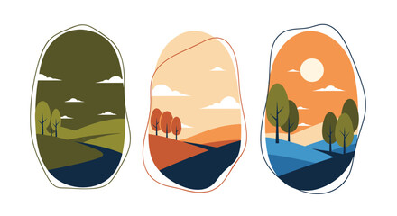 Set of three abstract minimalist landscape illustrations inside organic, irregular frames, showing scenes at different times of day.