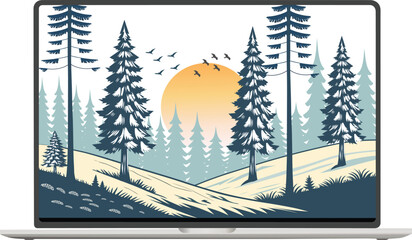 Winter Landscape with Snow-Covered Hills, Pine Trees sunrise and birds. Nature background for Christmas or New Year. Peaceful wintertime scene.