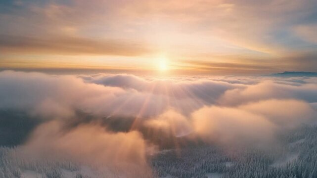 Dreamy fantasy style video of golden sunset painting snowy winter mountains, soft pastel col