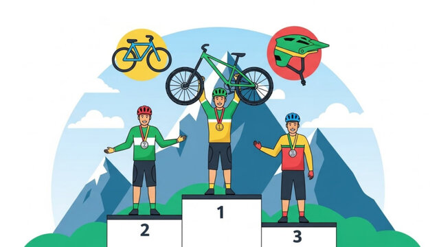 Cycling competition winners standing on podium with bicycles and medals in mountain landscape with sports and athletes and victory