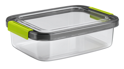 Clear plastic food storage container with airtight lid kitchen organization meal prep reusable box isolated on white background